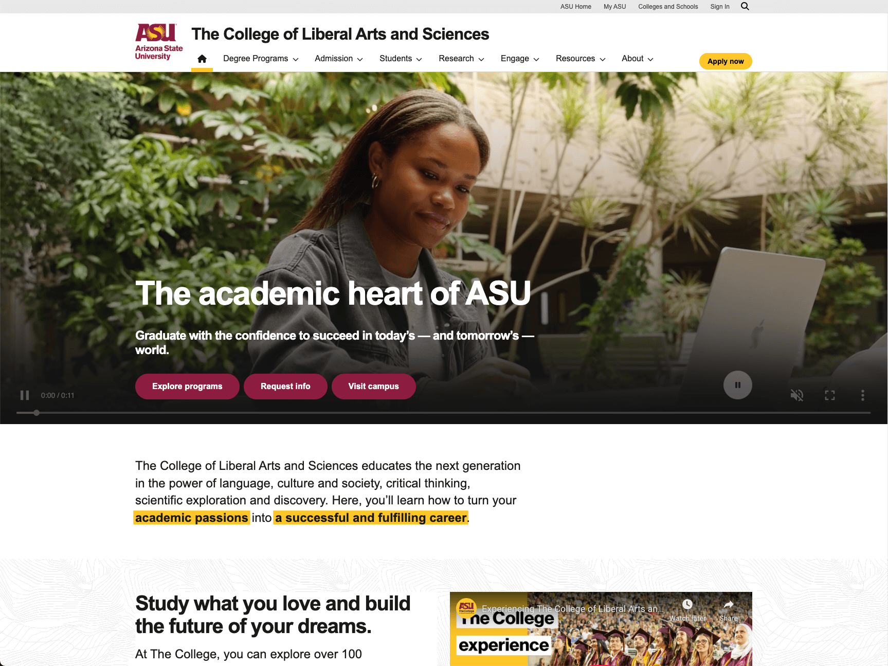 screenshot of The College at ASU Homepage